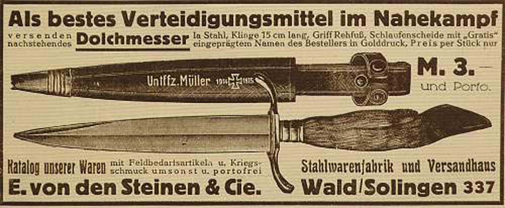 Окопный нож типа козья ножка, период Первой Мировой Войны