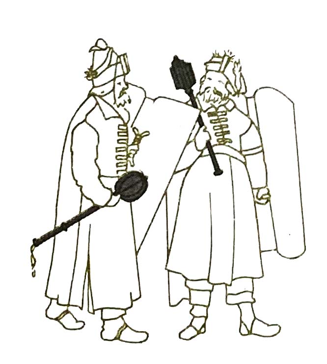 Венгерские воины начала XVI в. с тяжелыми металлическими булавами (слева).