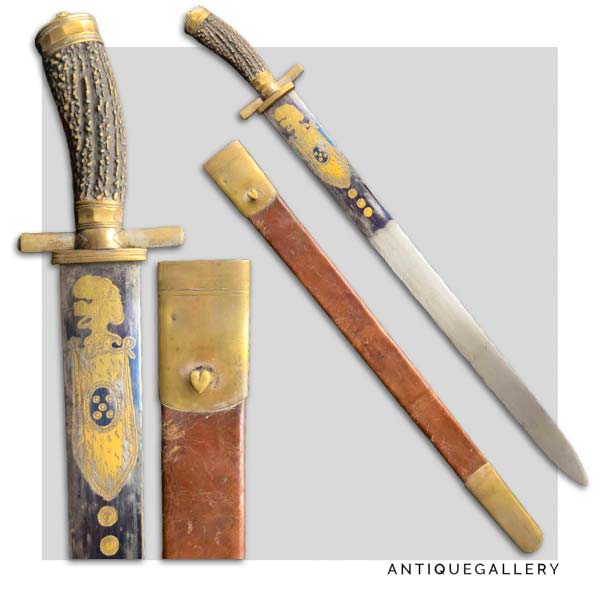 Антикварный европейский кинжал с травленым изображением рыцаря и украшенным клинком